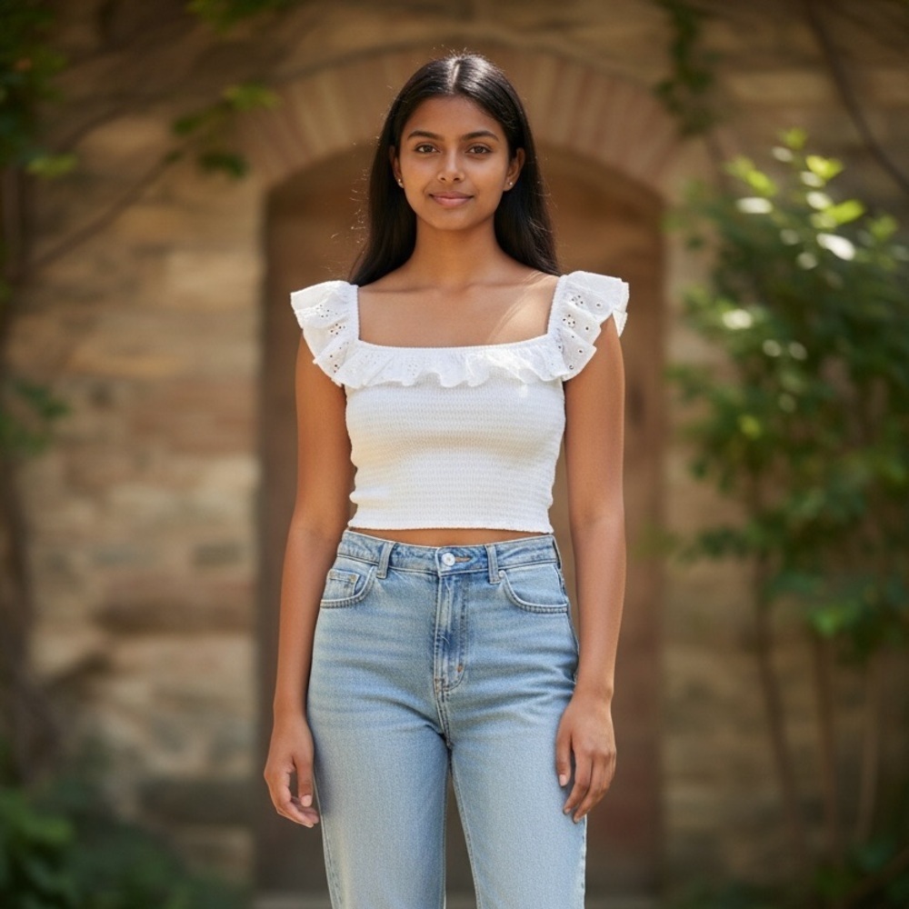 wild fable White Ruffled Square-Neck Crop Top